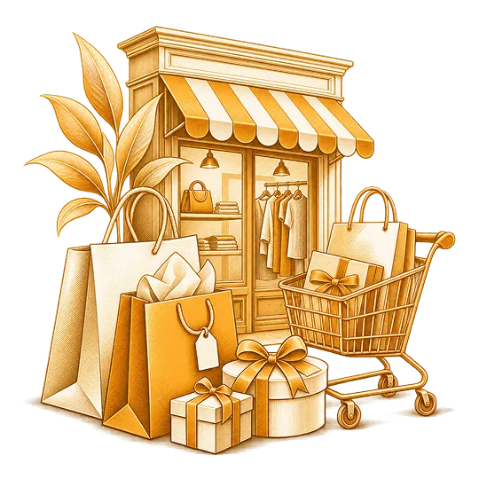 A bookshop front drawn with a trolley, a carrier bag and parcels
