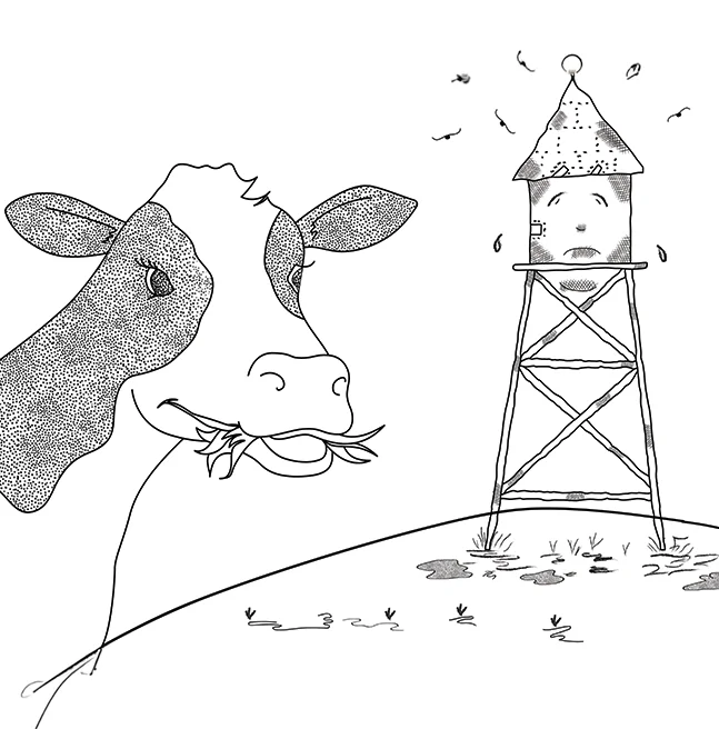 Stippled ink drawing of a cow looking across a hillside towards a water tower drawn with a face