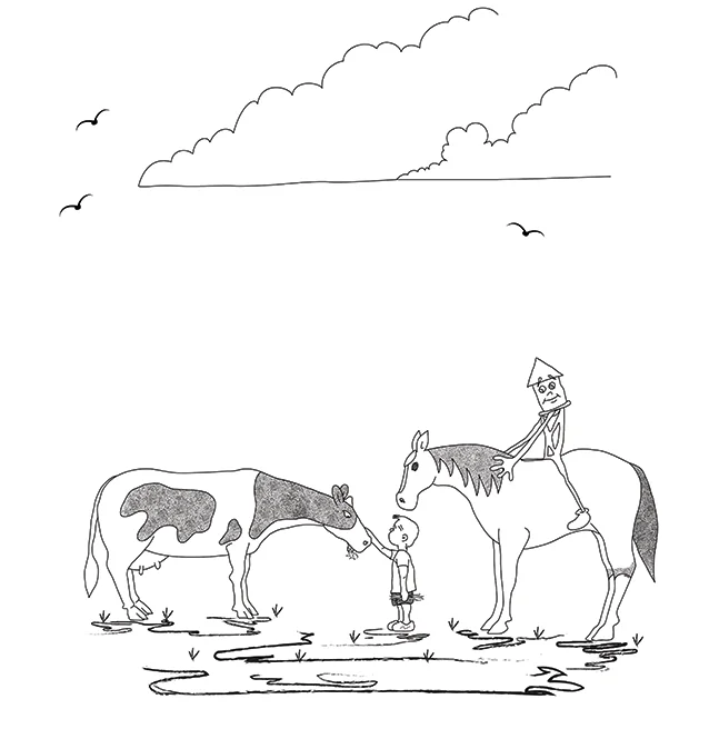 Sparse line drawing of a boy standing between a grazing cow and a horse with a rider, a band of cloud across the empty sky above