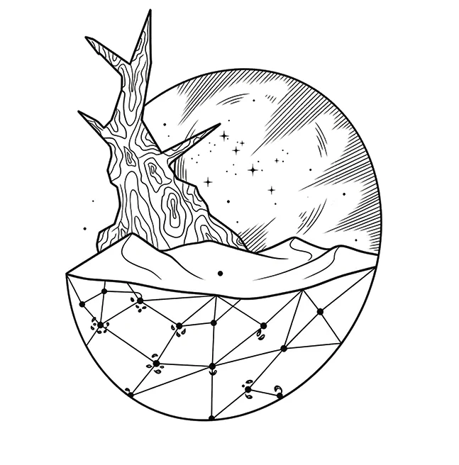 Ink roundel of a bare tree on a dune, a starry sky filling the disc above and a constellation map below