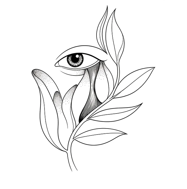 Fine-line drawing of a single open eye set among long leaves, drawn as one plant form
