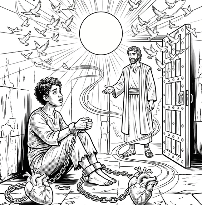 Outline interior page of a chained figure in a stone cell looking up as a robed man opens the door, doves circling in the light