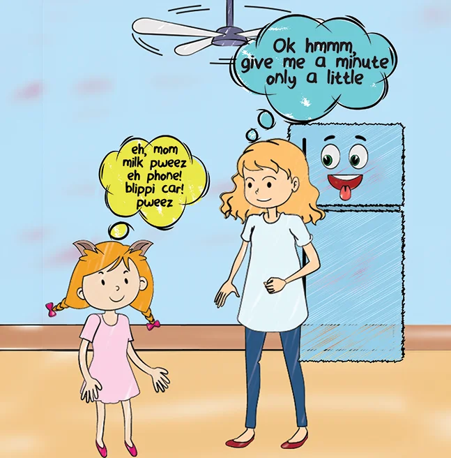 Cartoon kitchen scene of a small girl asking her mother for milk in speech bubbles, a grinning fridge behind them