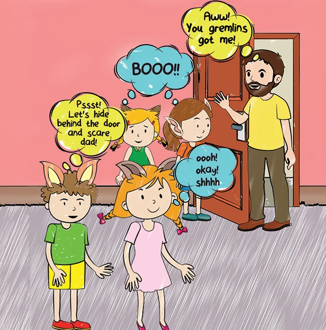 Cartoon spread of four children in animal ears whispering behind a door as their father steps through it