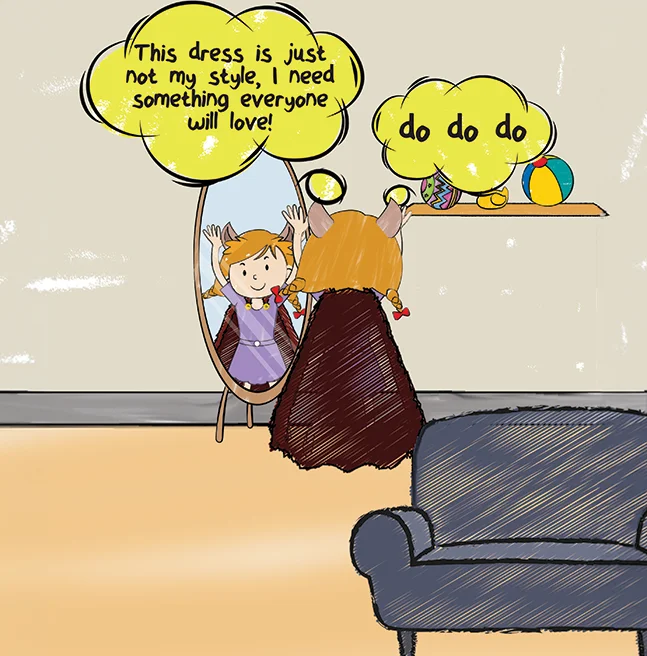 Cartoon scene of a girl in a long dress raising her arms in front of a standing mirror, deciding what to wear