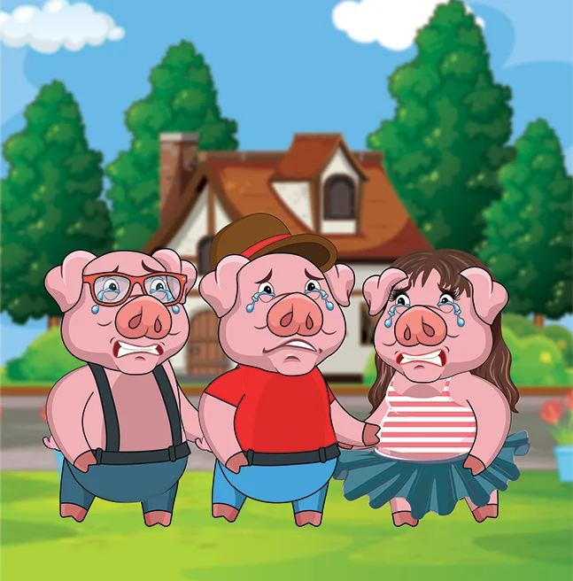 Cartoon of three pig characters in dungarees and a striped top crying together on the lawn outside their cottage