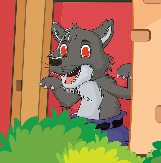 Cartoon of a grey wolf with red eyes and bared teeth leaning round the edge of a doorway above a hedge