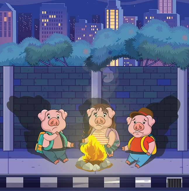 Cartoon night scene of the three pigs warming themselves at a small fire on a city pavement, tower blocks behind the wall