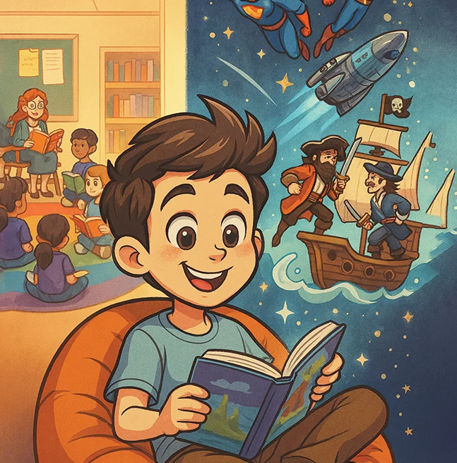 Digitally painted scene of a boy in a beanbag whose open book spills into pirates, a rocket and a flying superhero
