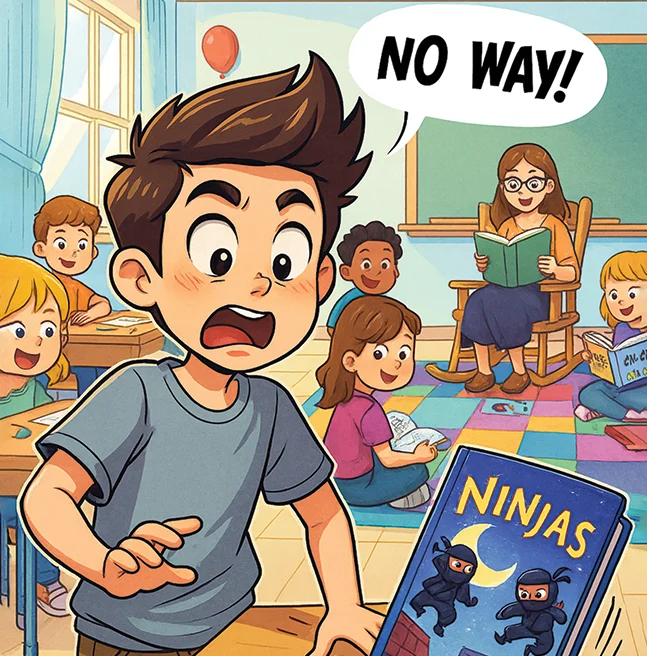 Digitally painted panel of a startled boy clutching a book of ninja stories, the teacher reading to the class behind him