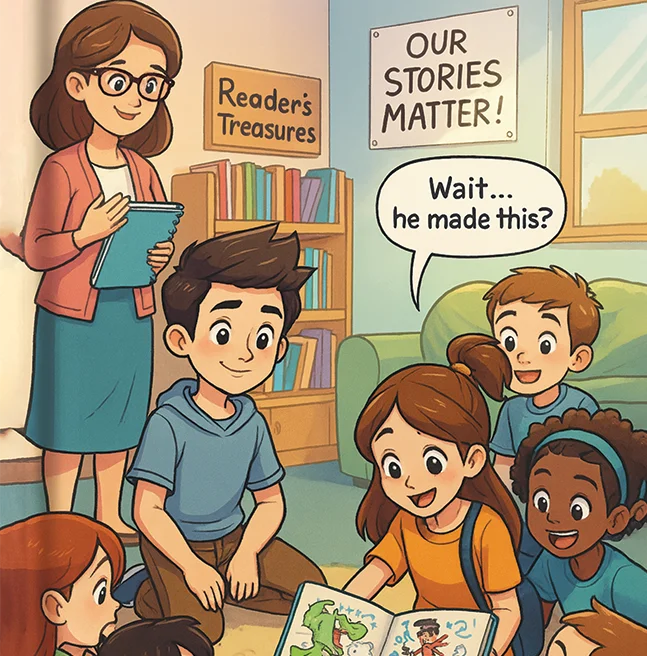 Digitally painted library scene of children crowding round a picture book while their teacher watches, a speech bubble asking whether he made it