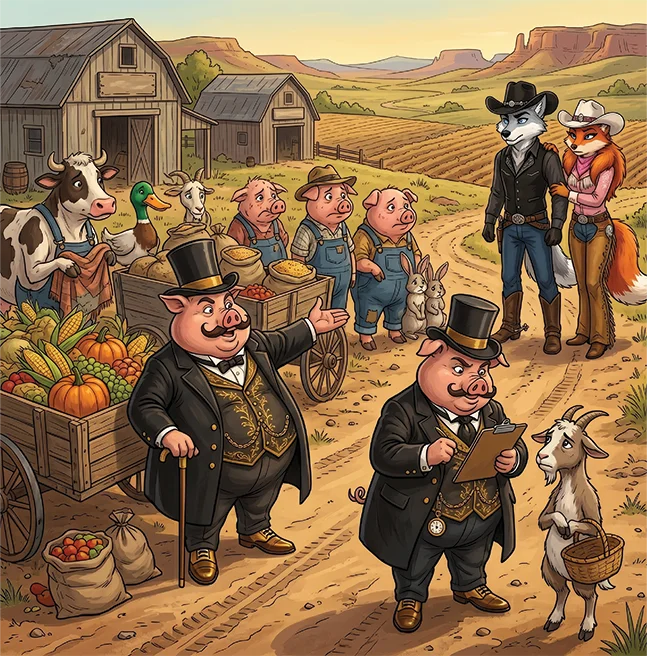 Digitally painted scene of two pigs in top hats taking stock of a loaded produce wagon while the rancher pair look on