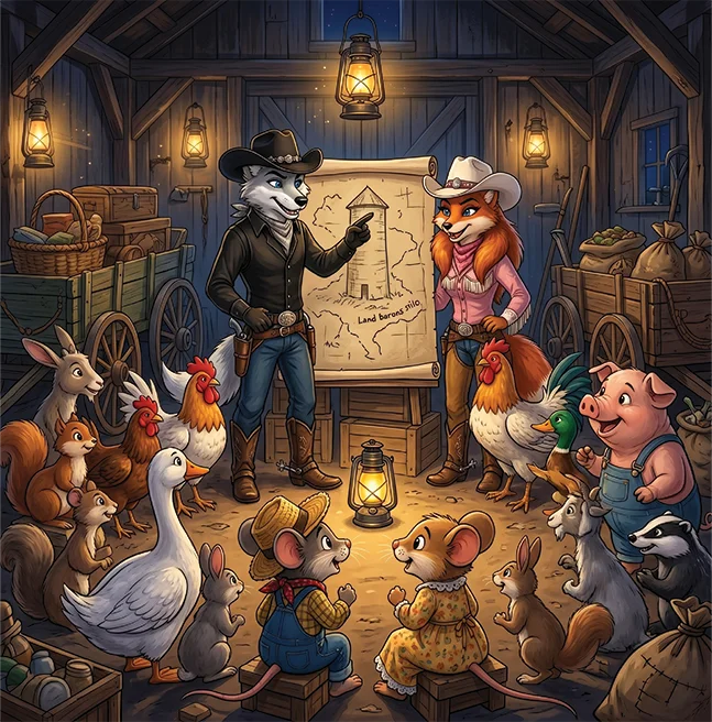 Digitally painted barn interior lit by lanterns, a wolf pointing at a hand-drawn map while the farm animals gather to listen