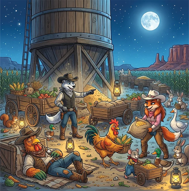 Digitally painted night scene of animals loading grain carts beneath a water tower under a full moon