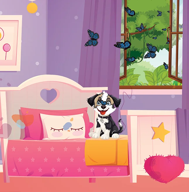 Flat vector spread of a puppy sitting on a pink bed as blue butterflies drift in through the open window