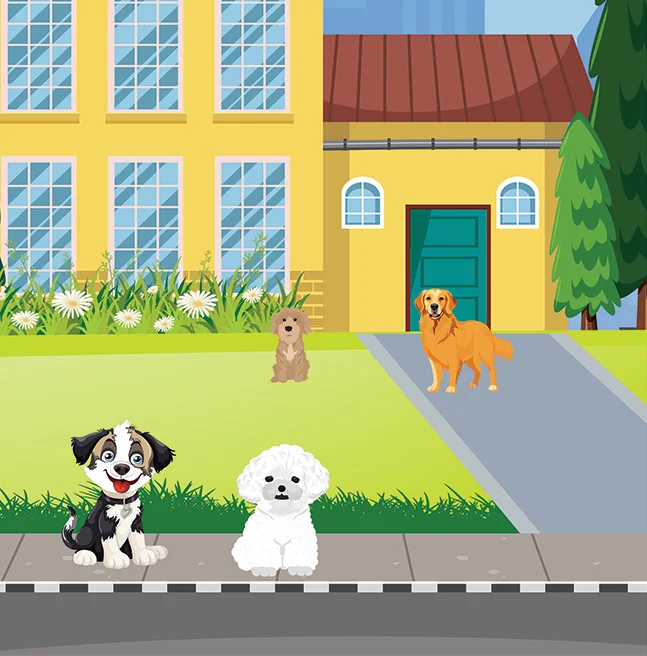 Flat vector street scene of four dogs on the pavement and lawn outside a yellow house