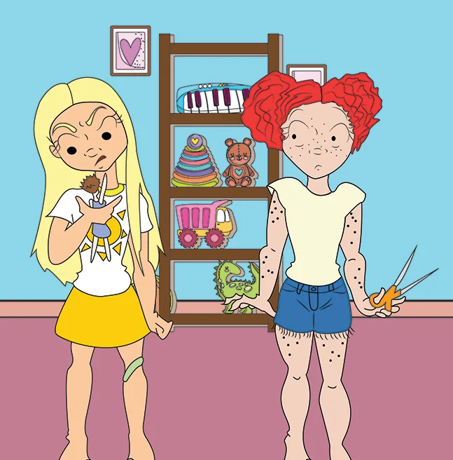 Outline illustration of two girls standing side by side in front of a toy shelf, one holding a doll and the other a pair of scissors