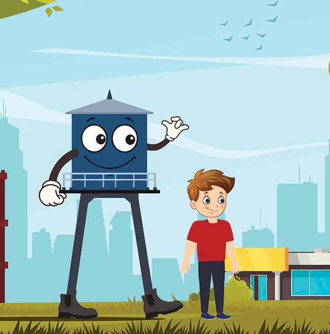 Flat vector spread of the water tower character, now with arms and boots, waving to a boy against a pale city skyline