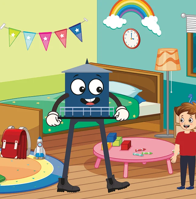 Flat vector scene of the water tower character standing in a child's bedroom among toys as the boy greets it