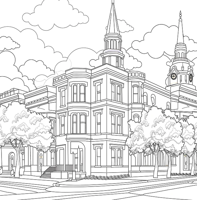 Interior line drawing of a Victorian corner building with bay windows, a church spire rising behind the street trees