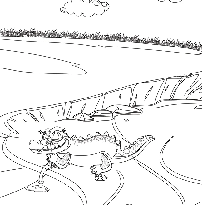Interior line drawing of a young alligator running along a dry riverbank trailing a garden hose behind it