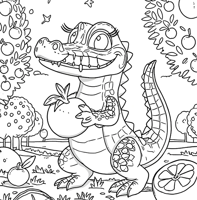 Interior line drawing of a smiling alligator holding an apple in both claws in the middle of an orchard