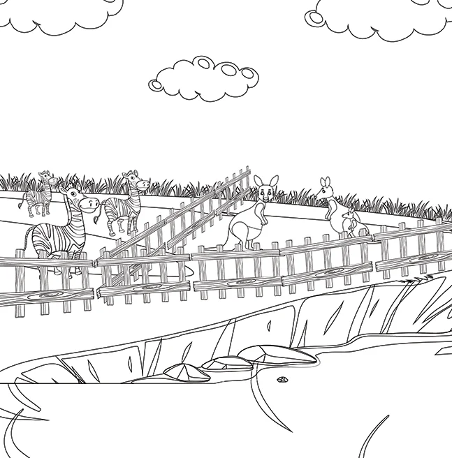 Interior line drawing of zebras and kangaroos behind a wooden fence on the bank above a dry riverbed