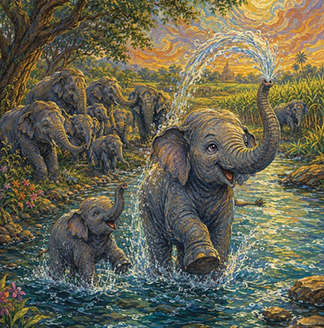 Painted picture-book spread of an elephant calf and its mother splashing through a river at sunset, the herd watching from the bank beneath a swirling sky