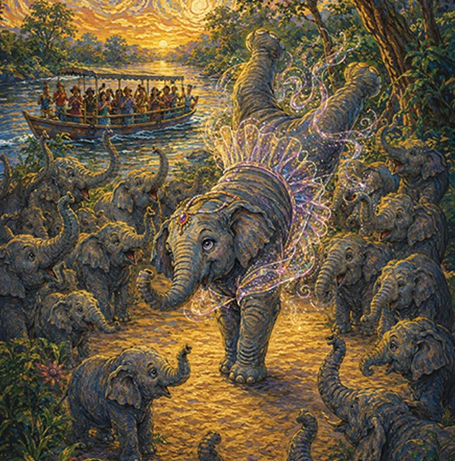 Painted spread of a garlanded elephant walking a golden forest path, greeted by the herd while a boat of onlookers passes on the river behind