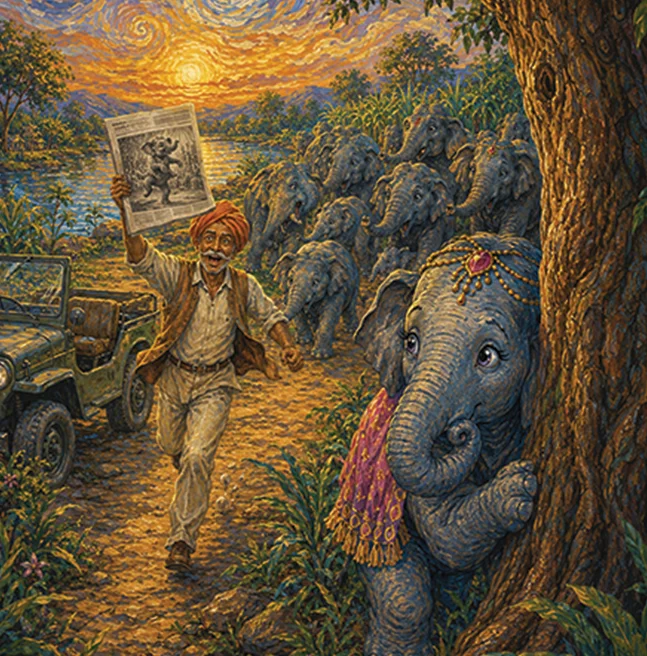 Painted story scene of a man running up a dusk trail with a newspaper held overhead as the herd follows and a calf peers from behind a tree