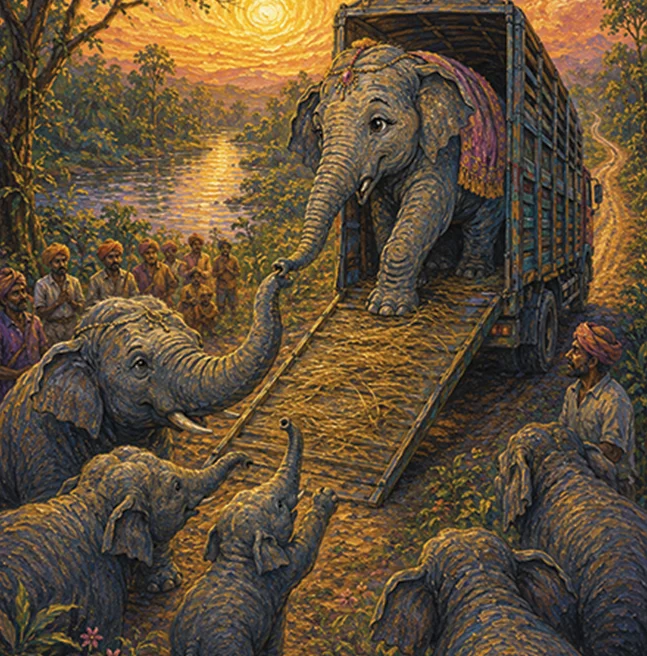Painted story scene of an elephant being coaxed down a truck ramp at sunset, trunk to trunk with the herd while villagers look on