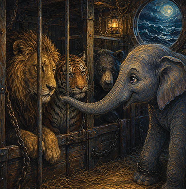 Painted night scene of an elephant calf reaching through the bars in the hold of a ship to a lion, tiger and bear, moonlit sea through the porthole