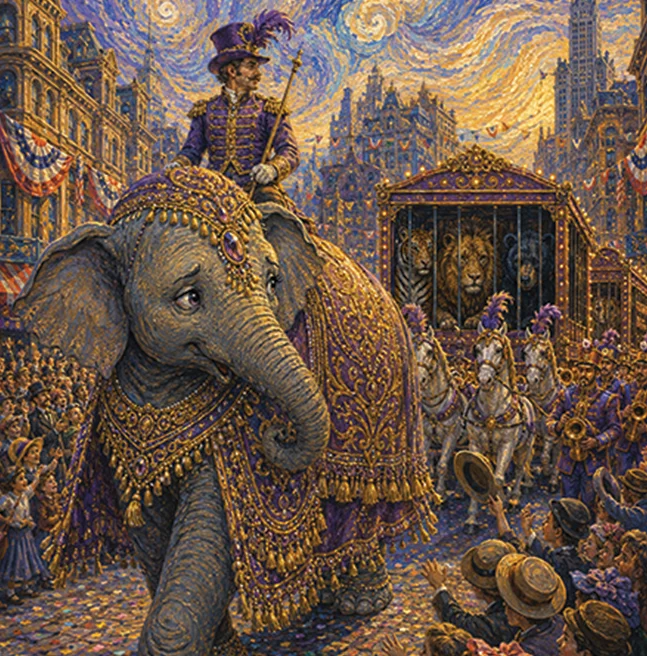 Painted cover artwork of a circus parade, a ringmaster riding a jewelled elephant through a lamplit crowd under a swirling night sky