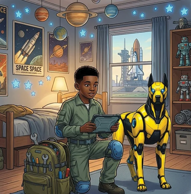 Illustrated character scene of a boy in a flight suit kneeling with a yellow robotic dog in a space-themed bedroom, a launch pad framed in the window