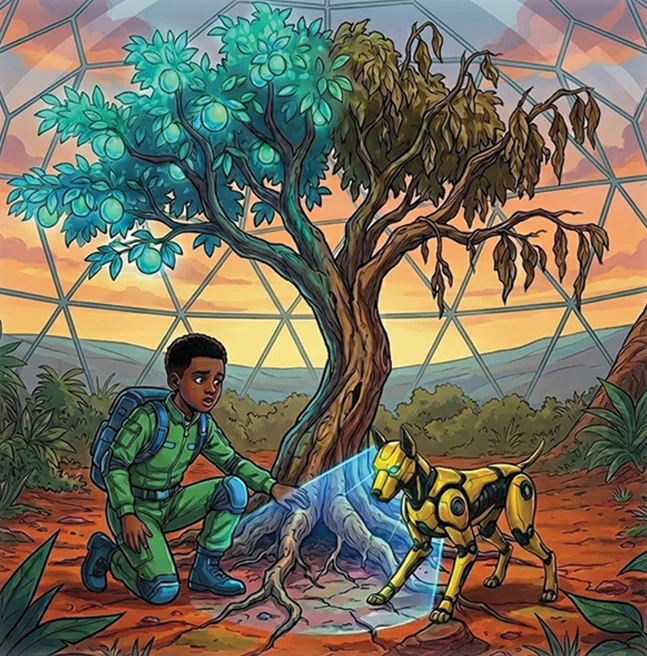 Illustrated scene of a boy and his robotic dog scanning a half-withered tree inside a geodesic dome at sunset