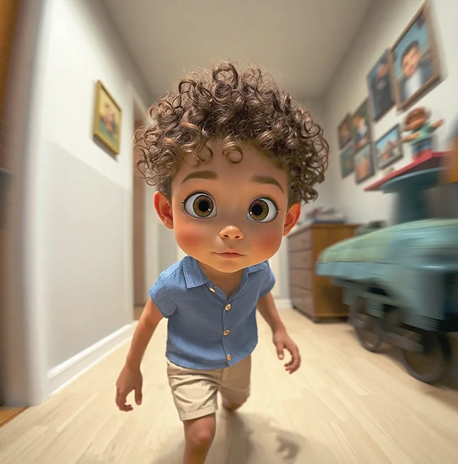 3D rendered toddler in a blue shirt walking down a hallway towards the viewer, family photographs on the wall behind