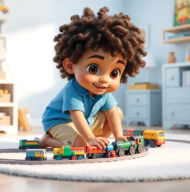 3D rendered boy crouched on a round rug in a sunlit room, guiding a wooden train around its circular track