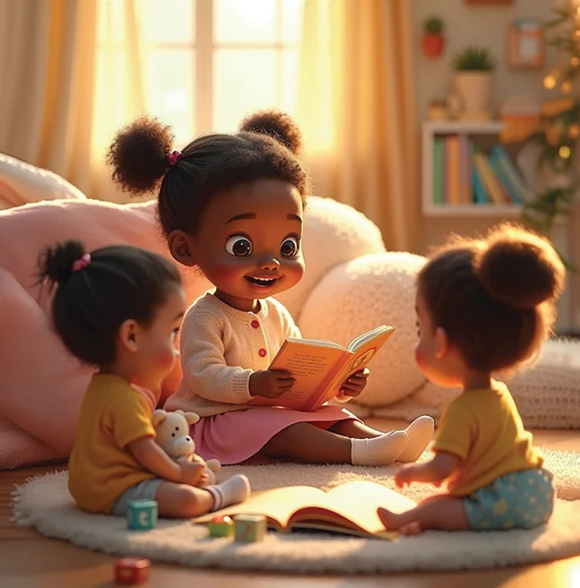 3D rendered scene of a girl reading a picture book aloud to two younger children on a rug in a sunlit playroom