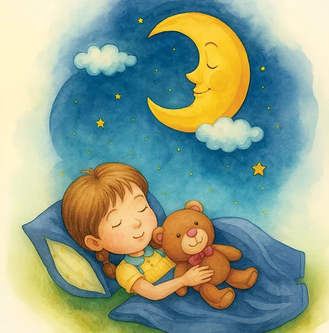Watercolor bedtime scene of a girl asleep under a blue blanket holding her teddy bear, a smiling crescent moon and stars above her