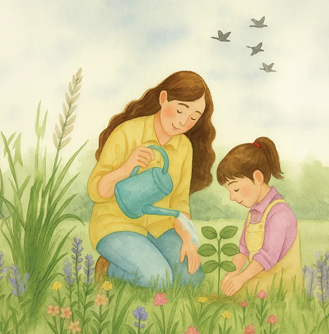 Watercolor spread of a mother and daughter kneeling in a flowering meadow to water a young seedling as birds pass overhead