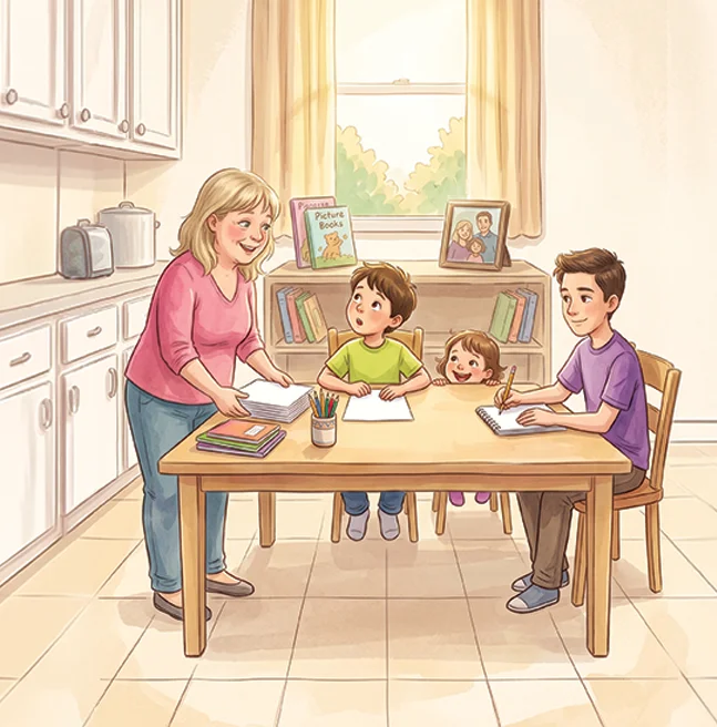 Illustrated kitchen scene of a mother handing out paper while two children draw at the table and their father writes beside them