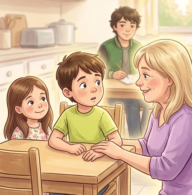 Close illustrated scene of a mother reaching across a kitchen table to a wide-eyed boy while his sister and older brother look on