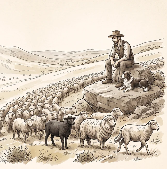 Sepia ink drawing of a shepherd resting on a boulder with his collie while the flock files along the valley path below