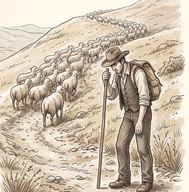 Sepia ink drawing of a shepherd with a staff and pack pausing on a hillside track as his flock climbs ahead of him