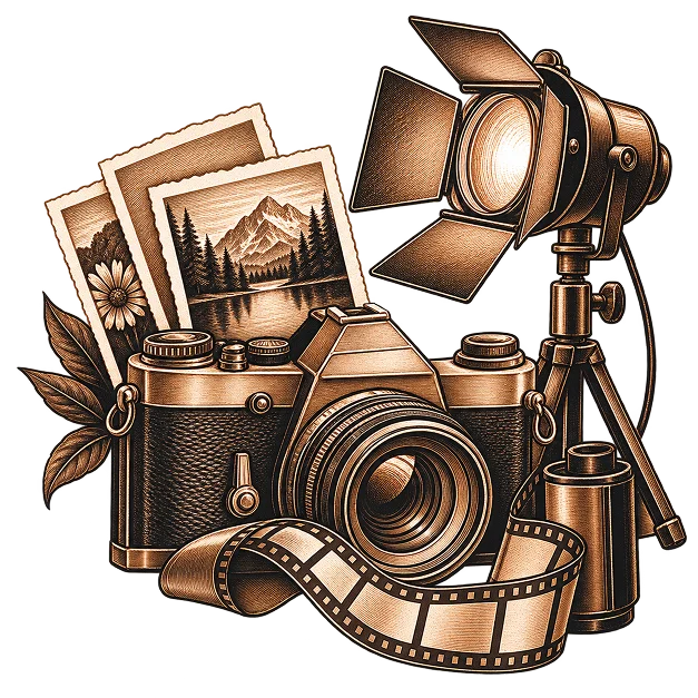 A camera, film strip and lit spotlight beside printed photographs
