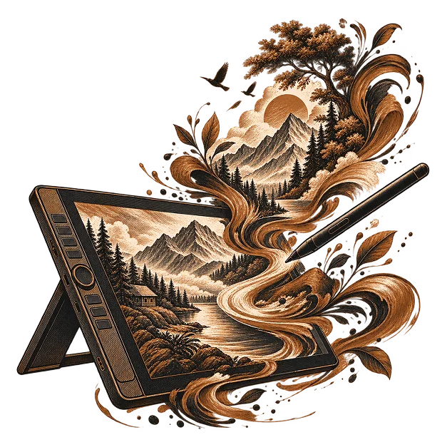 A mountain scene on a drawing tablet, the painting flowing out beyond the screen