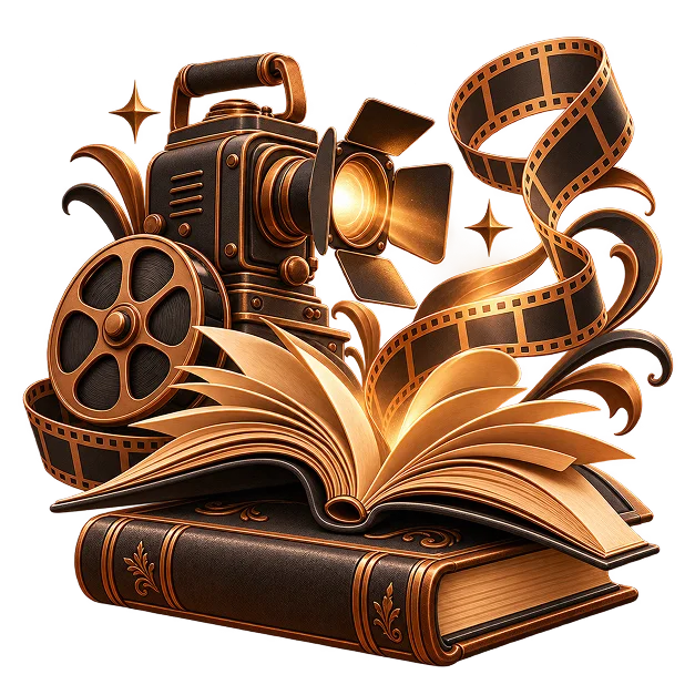 A rendered film camera, reel and spotlight around an open book