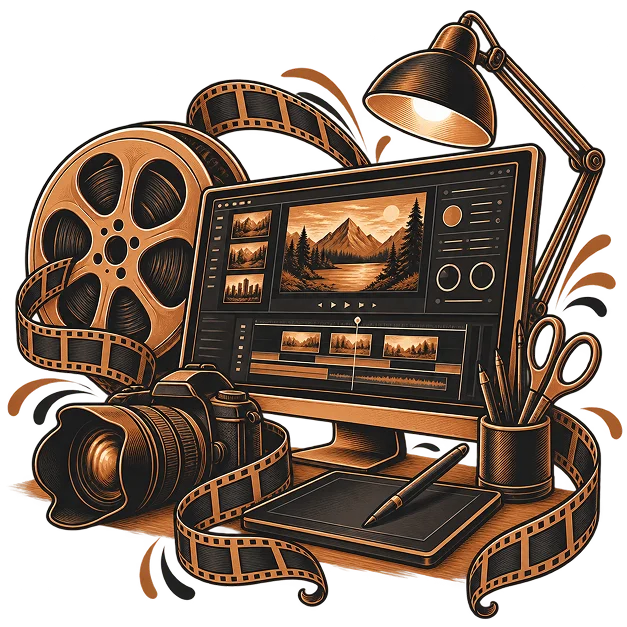 A monitor showing an edit timeline, beside a camera, film reel and desk lamp