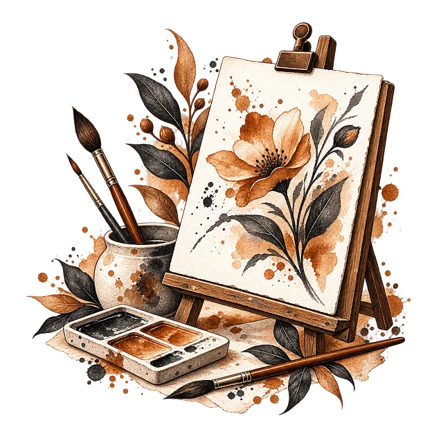 A watercolour flower study drying on an easel, beside a paintbox and brushes