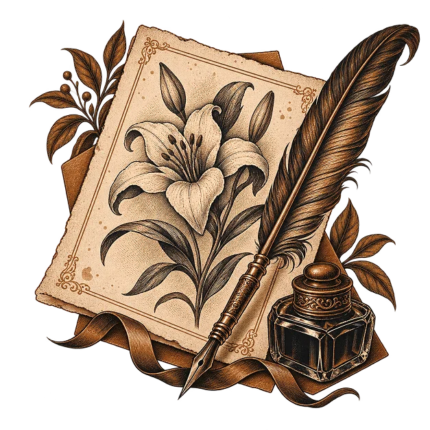 A lily drawn in black ink on textured paper, beside a dip pen and inkwell